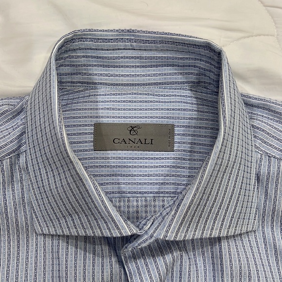 Canali Mens Blue Striped Dress Shirt - Picture 4 of 5